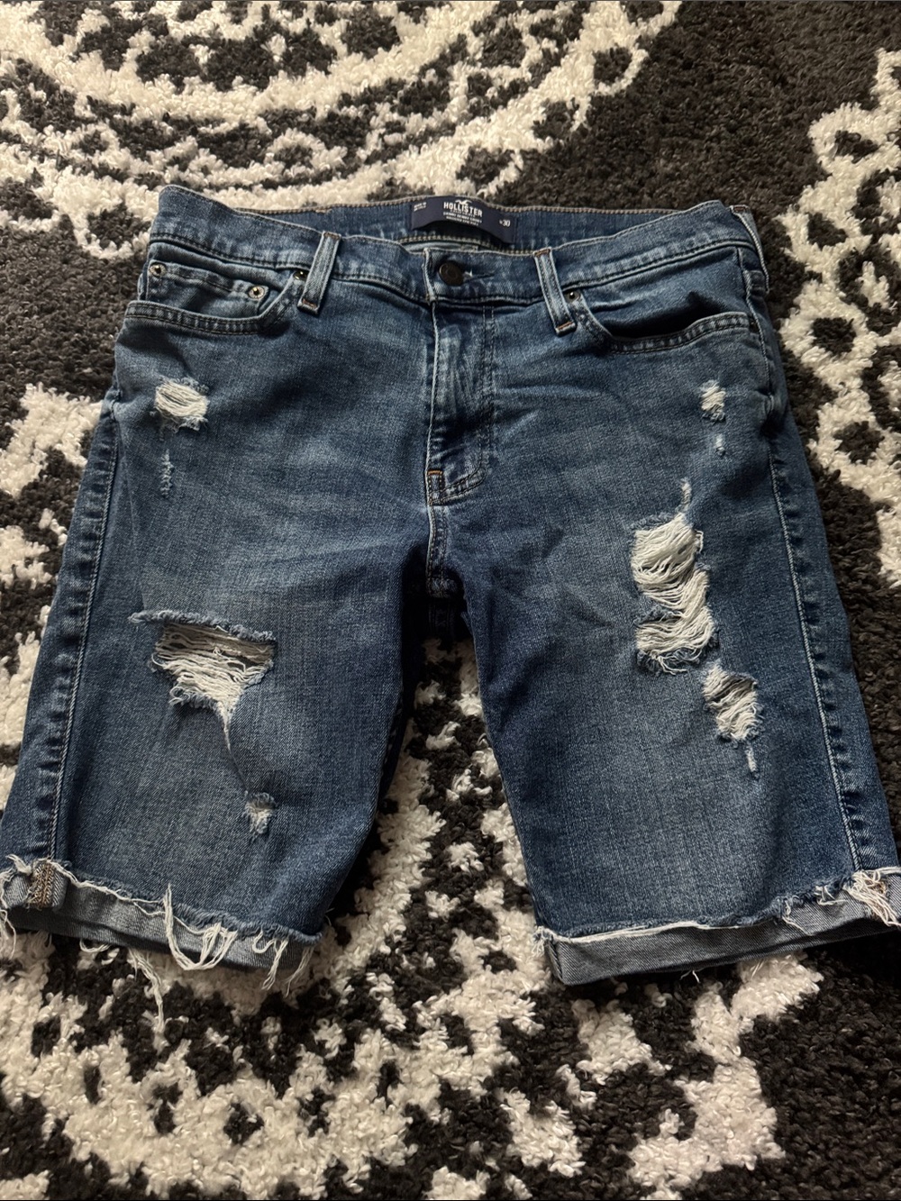 Hollister mens skinny fit epic flex Distressed Dark Blue Denim Shorts 30